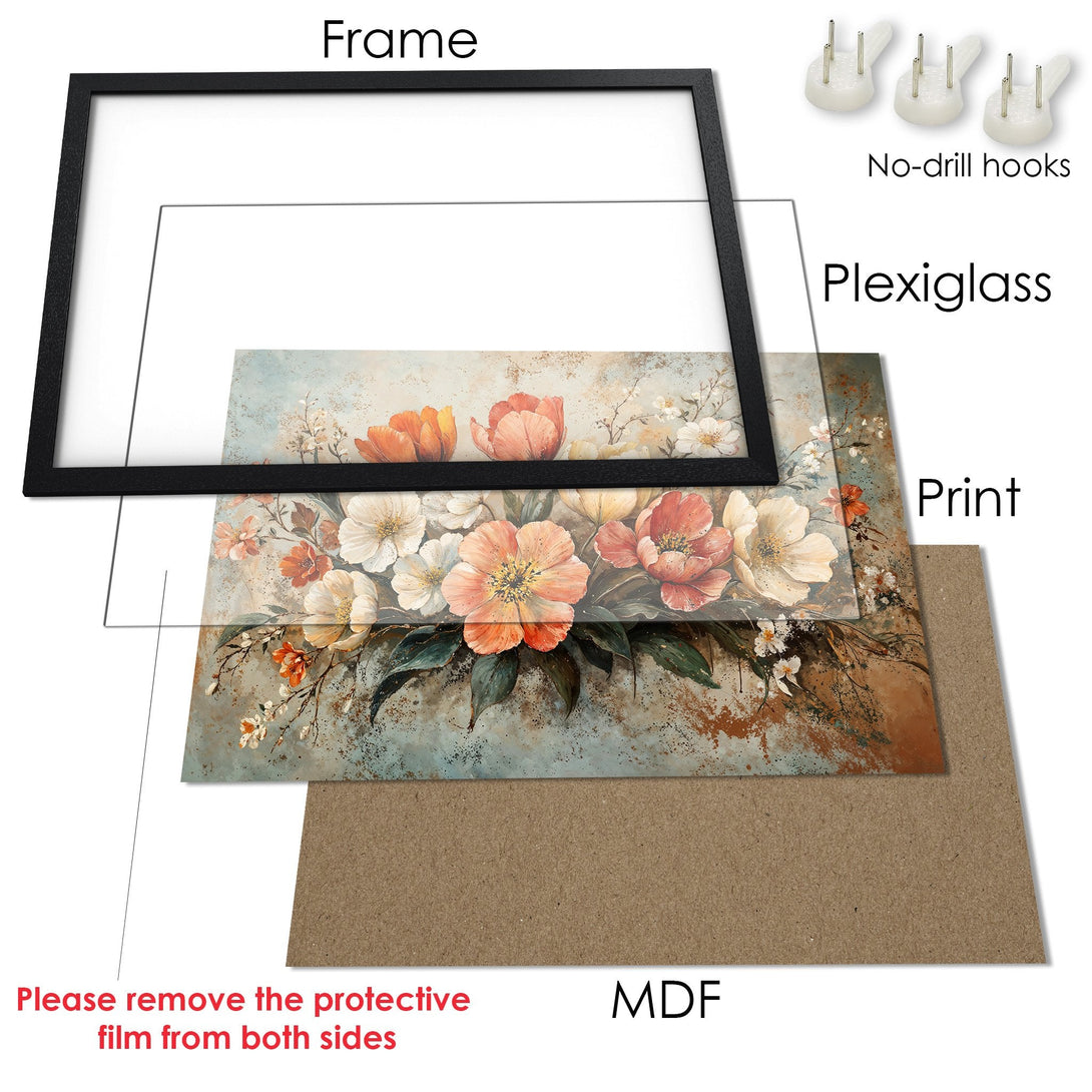 Framed Poster featuring floral art in a soft, watercolor style with a warm, earthy color palette. Perfect wall decor!