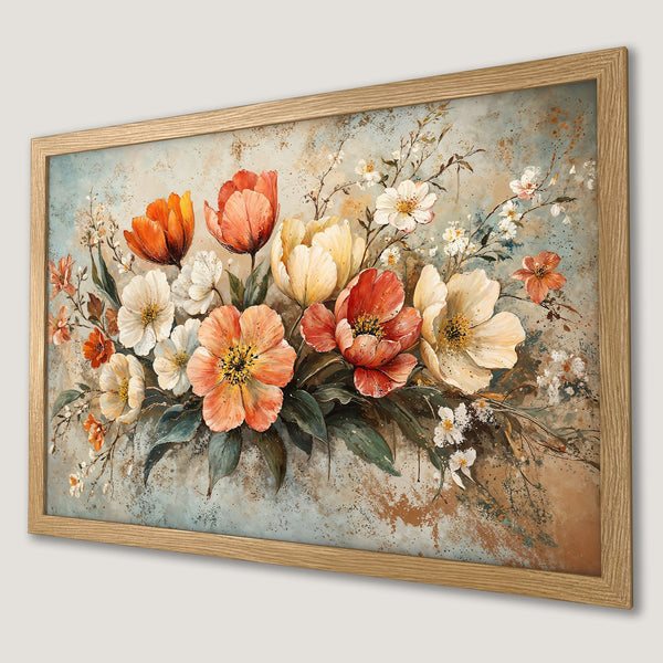 Framed Poster featuring vibrant floral art in warm orange, yellow, and white hues, with a vintage-inspired style.