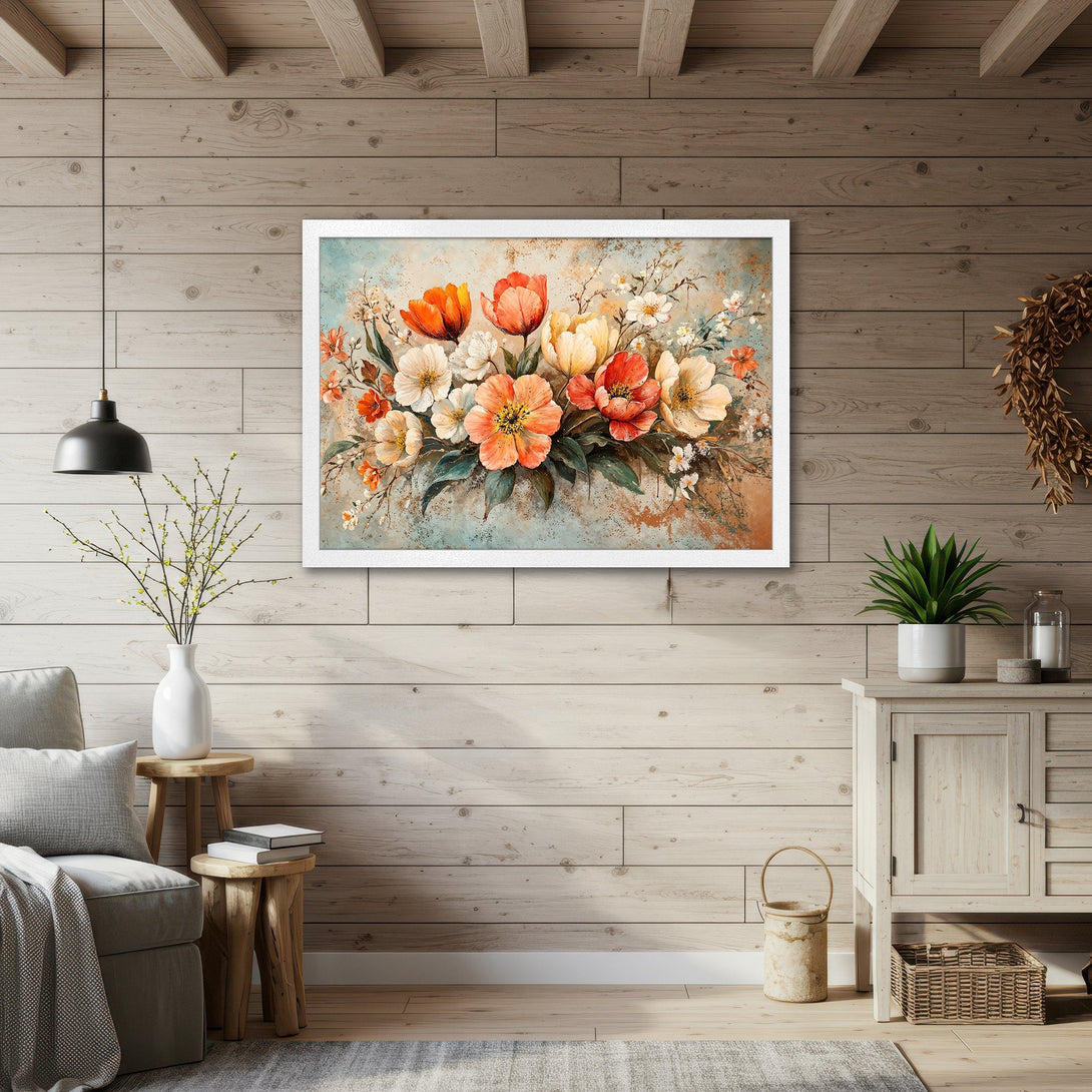 Framed Poster featuring vibrant floral art in warm orange and cream tones, perfect for adding a touch of elegance to any space.