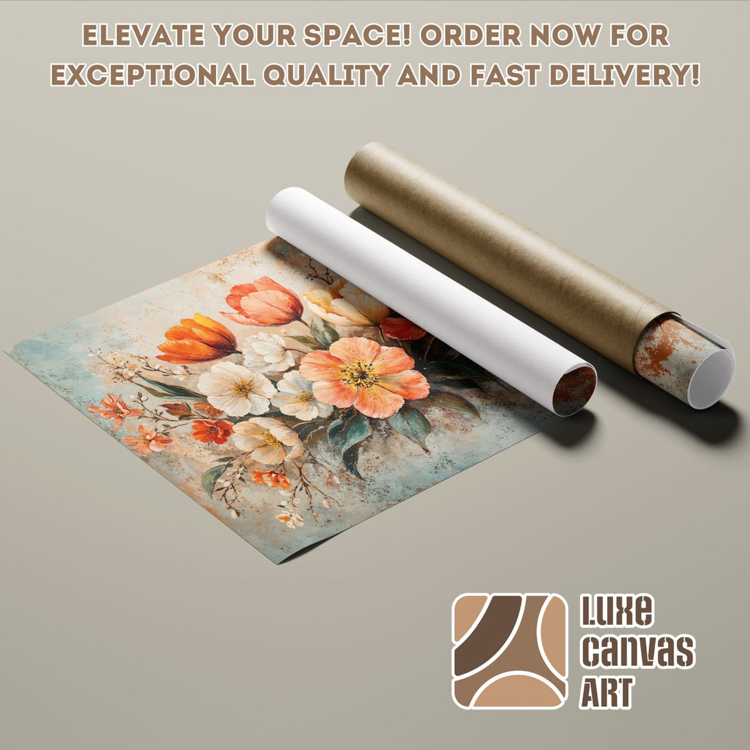 Floral Poster Roll art print in orange, white, and teal color palette.
