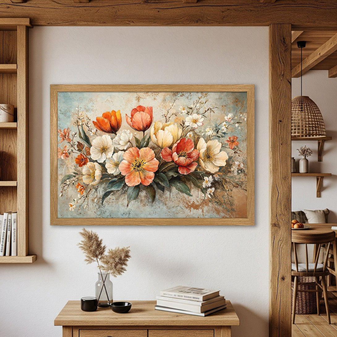 Framed Poster featuring vibrant floral art, warm color palette, and rustic style. Perfect wall decor for any room!