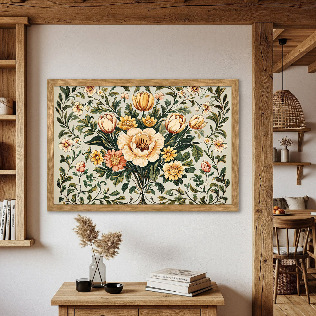 Framed Poster featuring a floral design in a vintage style with a warm, earthy color palette. Perfect wall art!