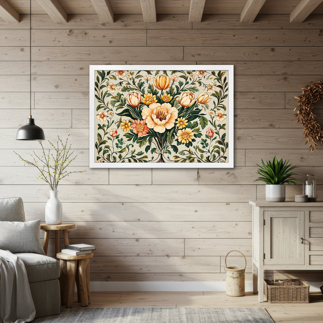 Framed Poster featuring a floral design in vintage style with a warm color palette. Perfect wall art for a cozy home!