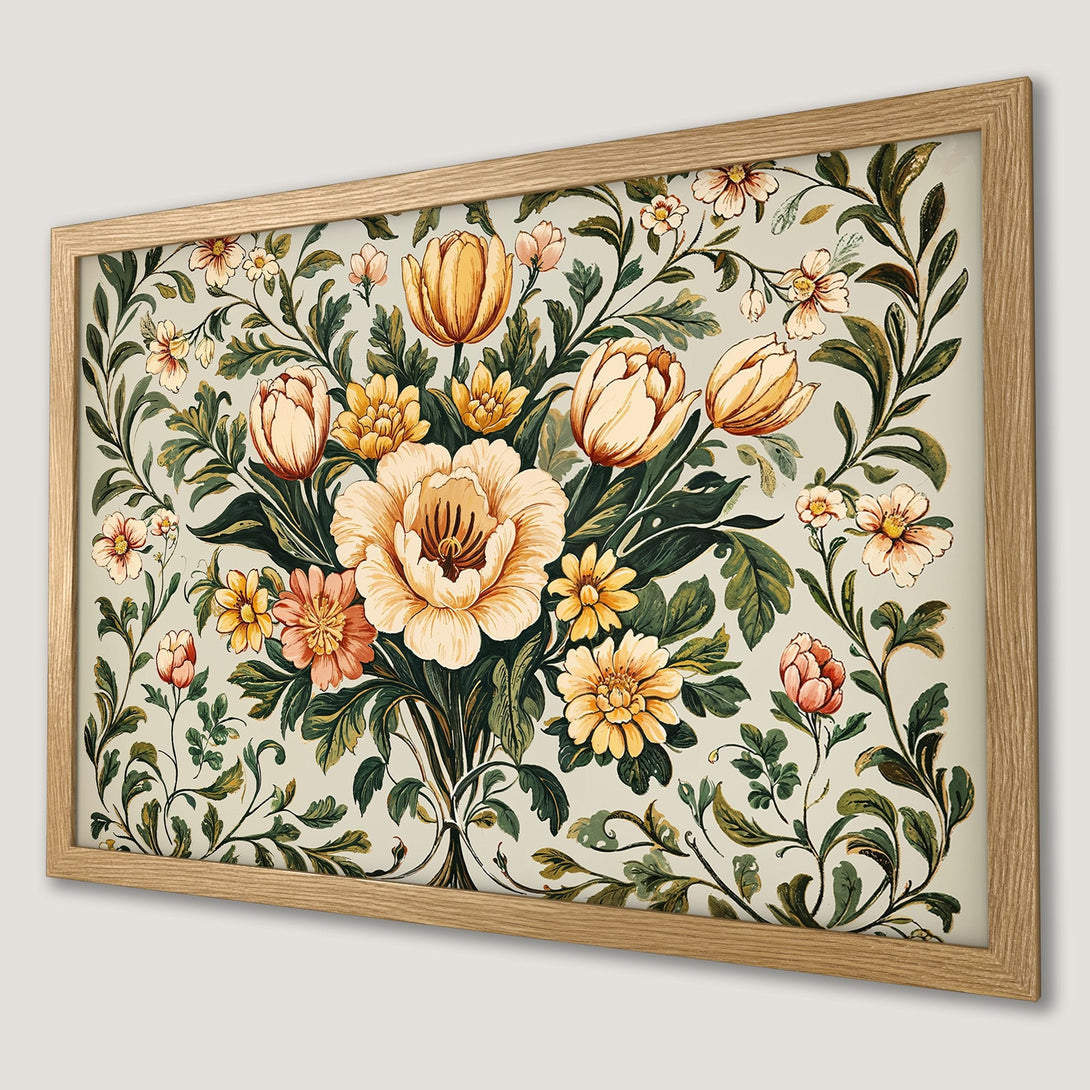 Framed Poster featuring a floral bouquet in a vintage style with a warm, earthy color palette. Perfect wall art!