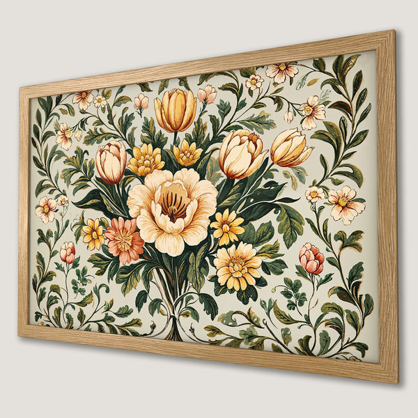 Framed Poster featuring a floral bouquet in a vintage style with a warm, earthy color palette. Perfect wall art!