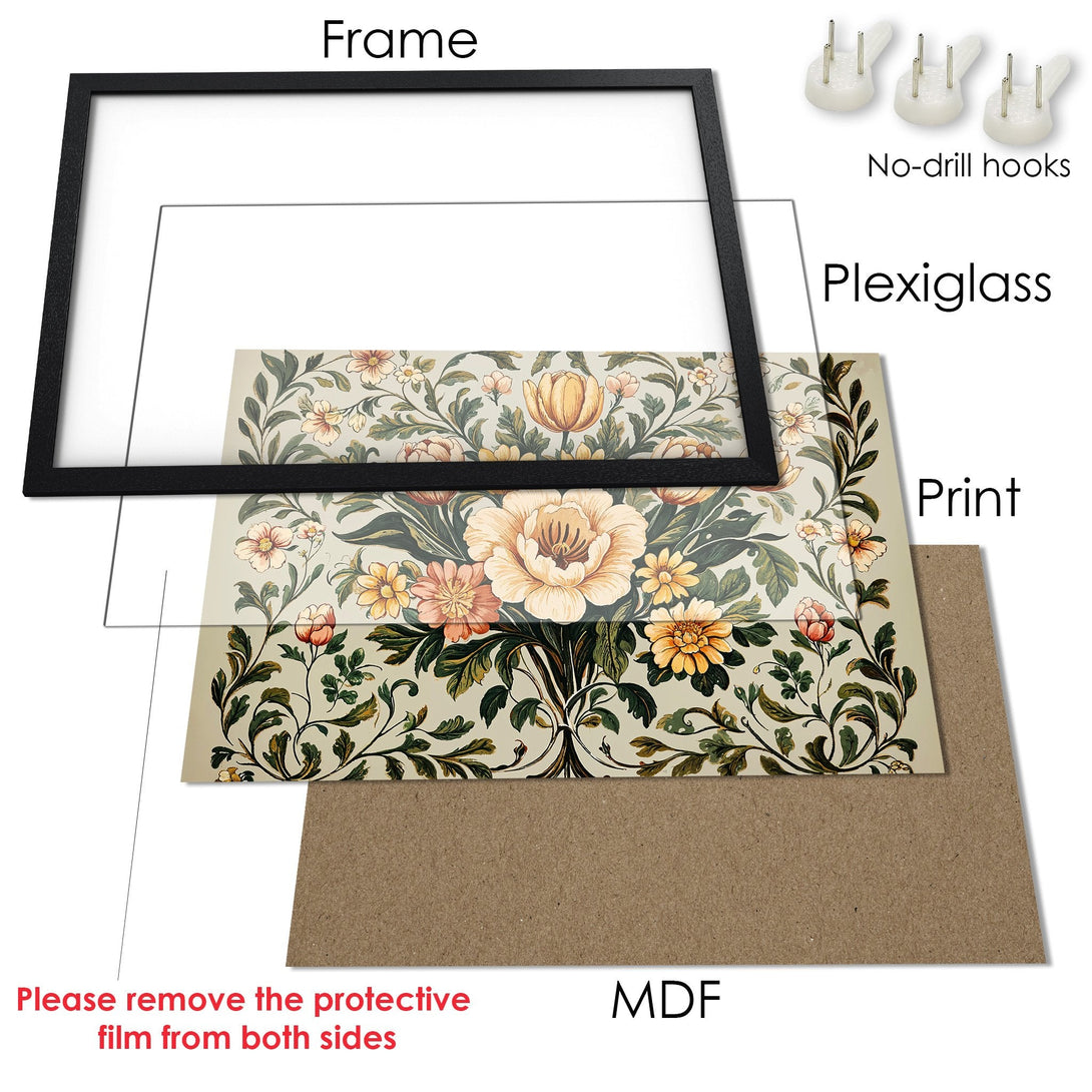 Framed Poster with floral design in vintage style, featuring a warm, earthy color palette. Perfect wall art!