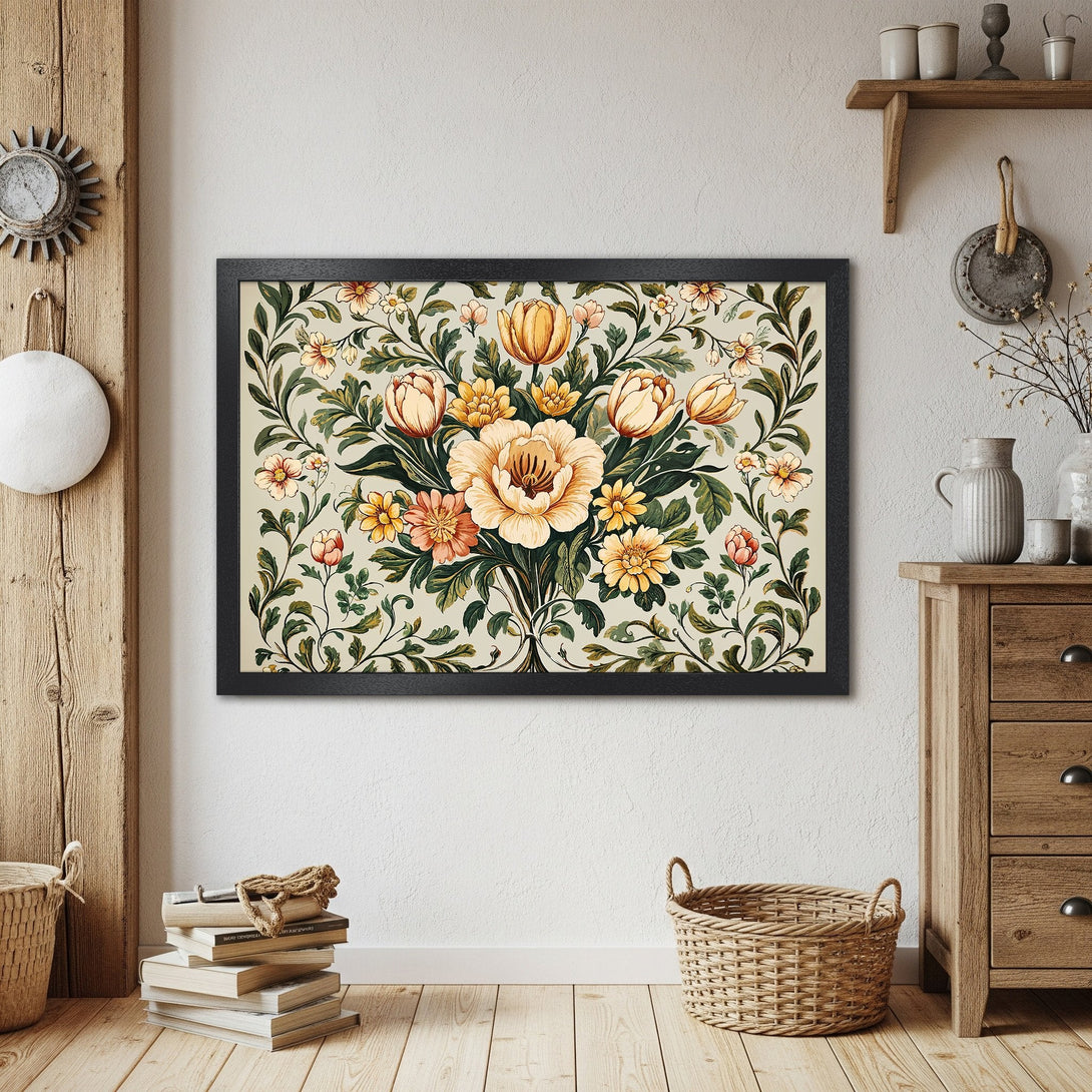 Framed Poster featuring a floral design in a vintage style with a warm, neutral color palette. Perfect wall art!