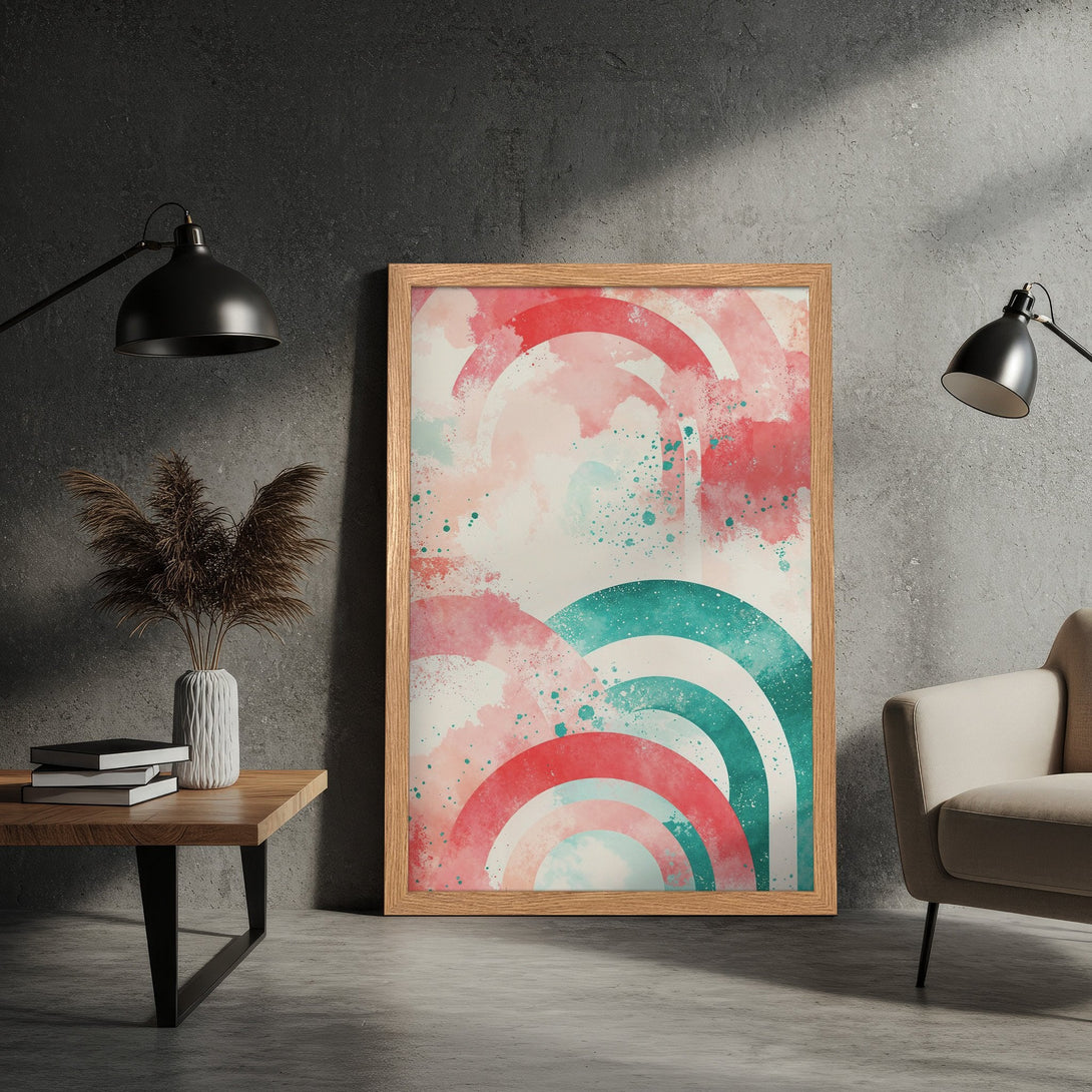 Framed Poster featuring abstract watercolor rainbow art in a pink, teal, and white color palette. Modern art print for home decor.