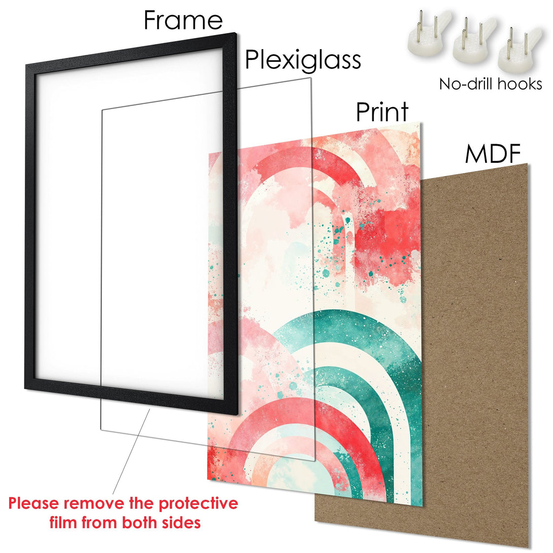 Framed Poster art with watercolor rainbow design in red, teal, and cream. Perfect wall decor!