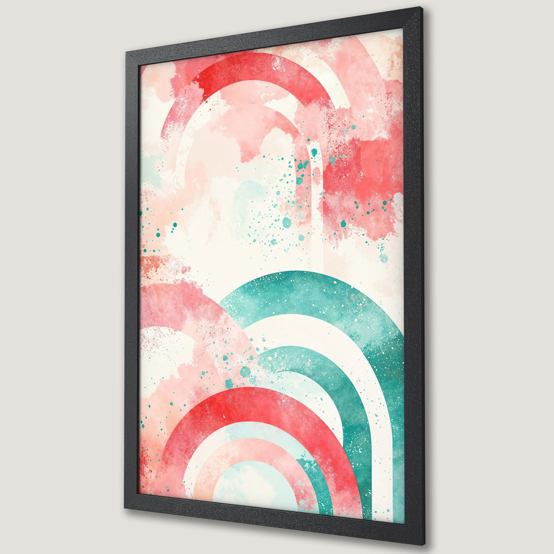 Framed Poster featuring watercolor rainbow art in red, teal, and pink. Modern abstract wall art to brighten your space.