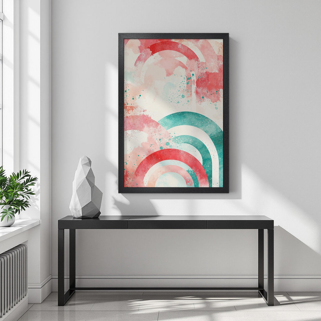 Framed Poster featuring abstract watercolor arches in red, teal, and cream. Perfect wall art to brighten your space!