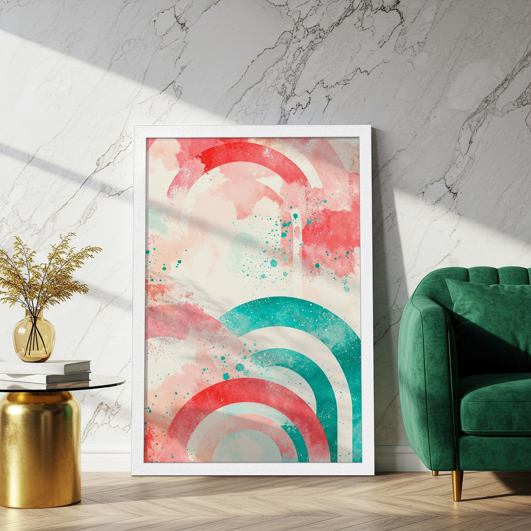 Framed Poster featuring abstract art with watercolor arches in red, teal, and pink. Modern style, perfect for home decor.