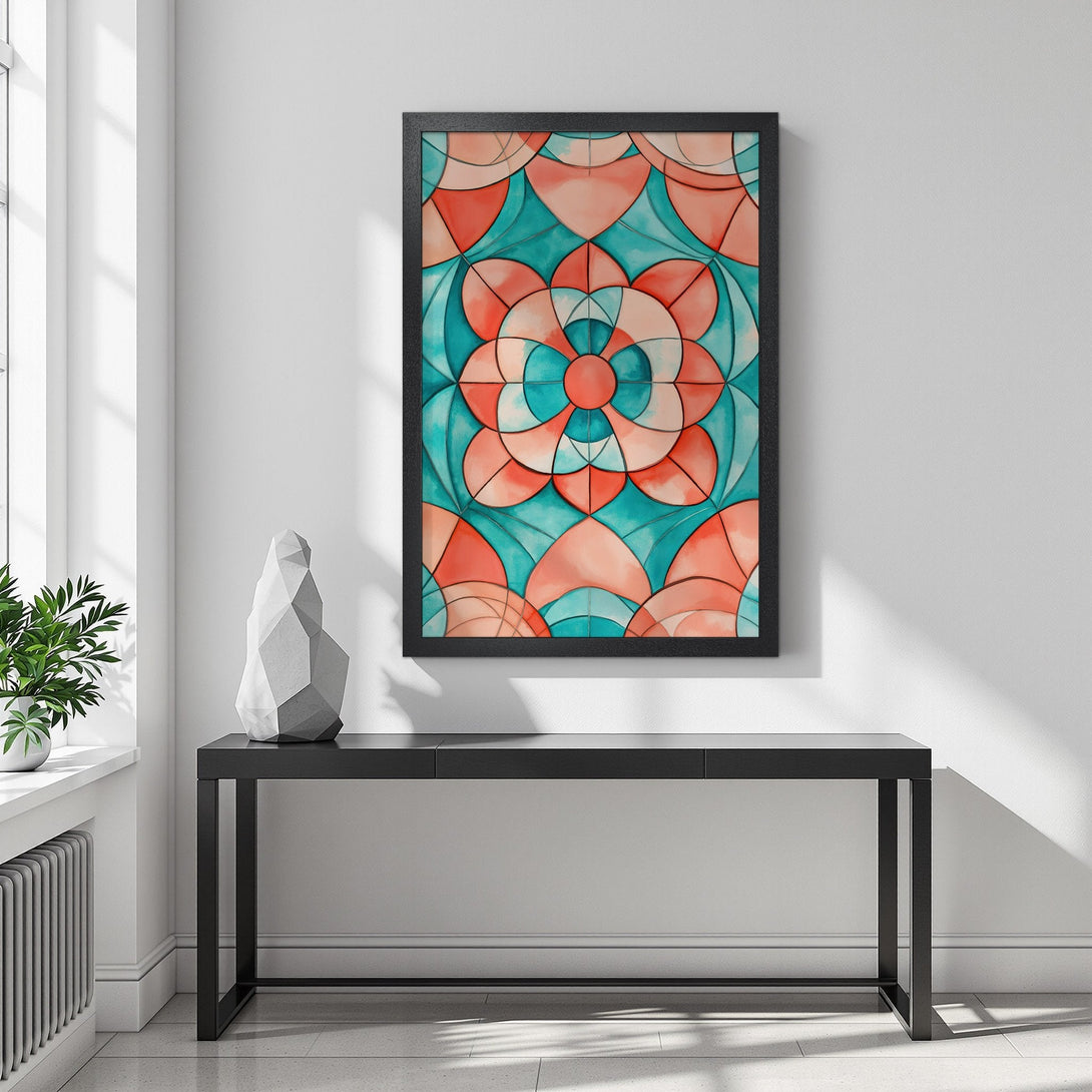 Framed Poster featuring a vibrant abstract floral design in coral and teal. Perfect art for modern home decor.