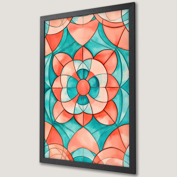 Framed Poster featuring a vibrant abstract floral design in teal, coral, and peach. Perfect wall art to brighten any space!