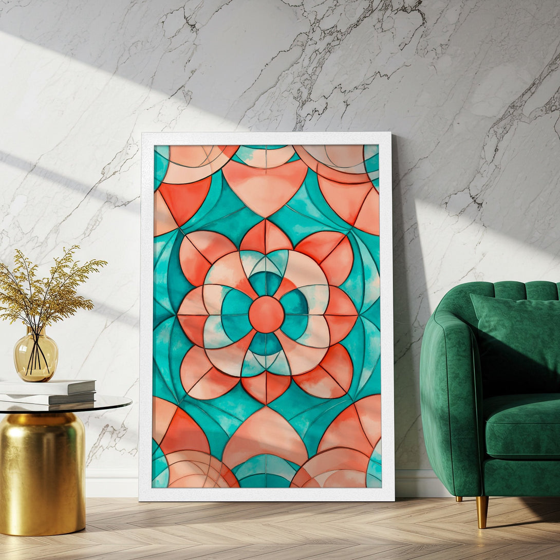 Framed Poster featuring a vibrant abstract floral design in teal, coral, and peach. Modern art for home decor.