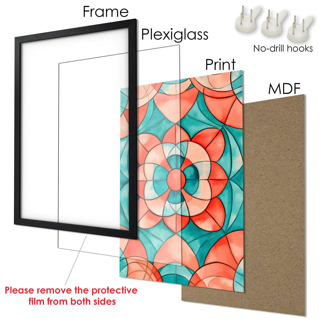 Framed Poster with abstract floral design in teal and coral. Ready-to-hang art for your home!