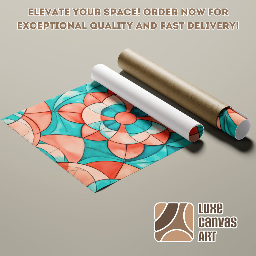Abstract floral Poster Roll in teal, coral, and brown. Elevate your space with Luxe Canvas Art!