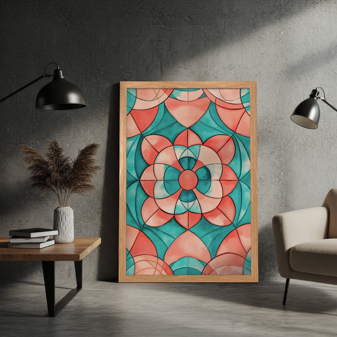 Framed Poster featuring a vibrant abstract floral design in teal and coral colors. Perfect wall art to brighten any space!