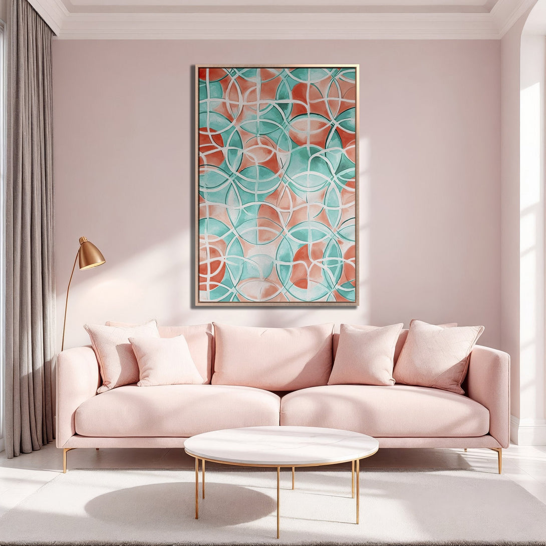 Framed Wall Art with abstract geometric design in coral & teal. Modern canvas print adds a pop of color to any living room. Shop now!