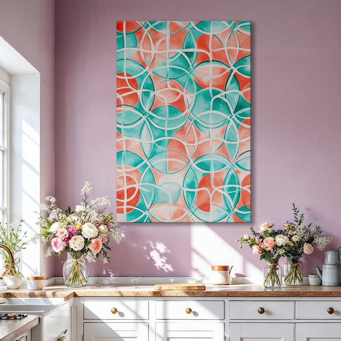 Framed Wall Art: Abstract geometric design in teal and coral hues, perfect for modern living room decor. Canvas Print adds a pop of color!