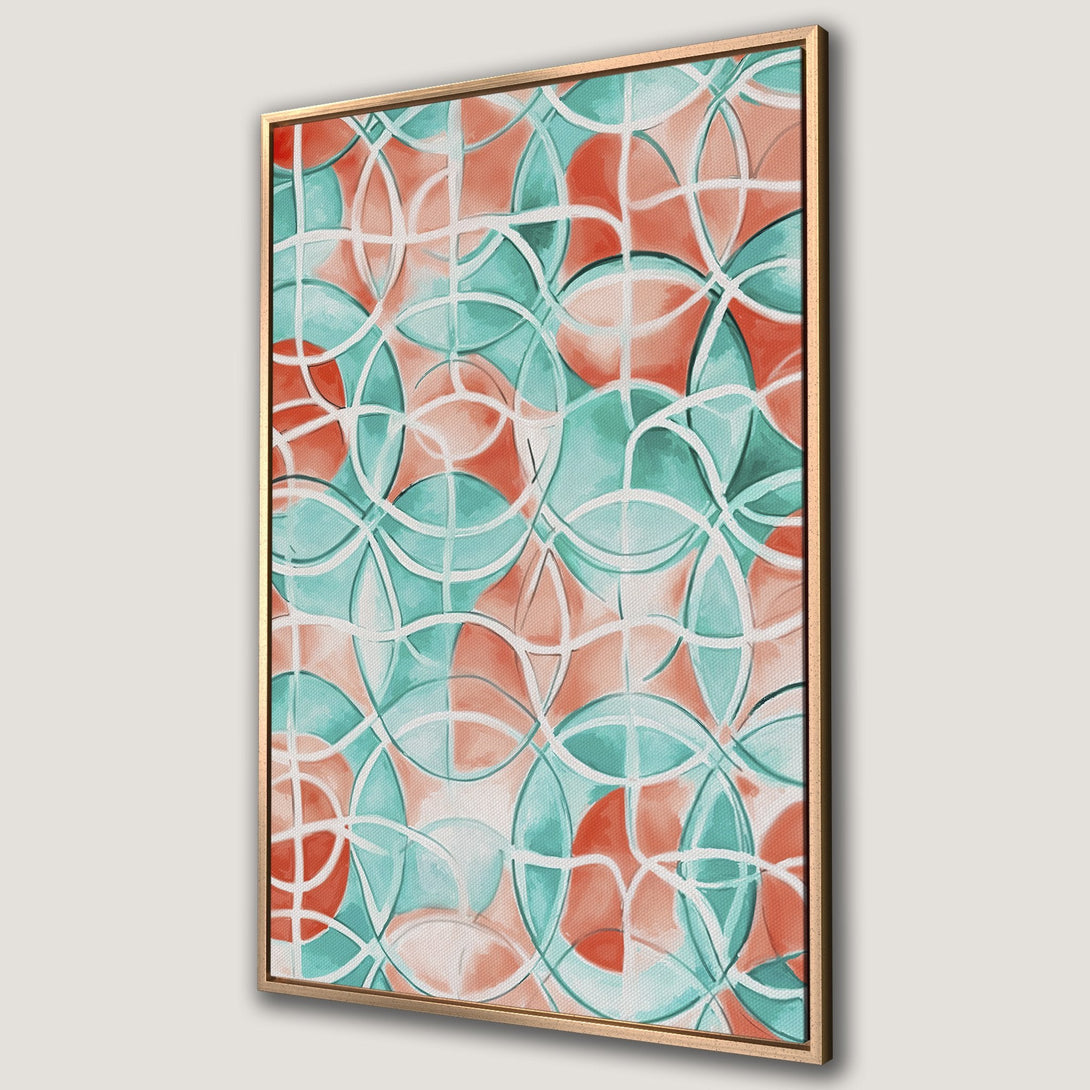 Framed Wall Art with abstract geometric design in teal and coral. Modern canvas print for living room or bedroom decor.