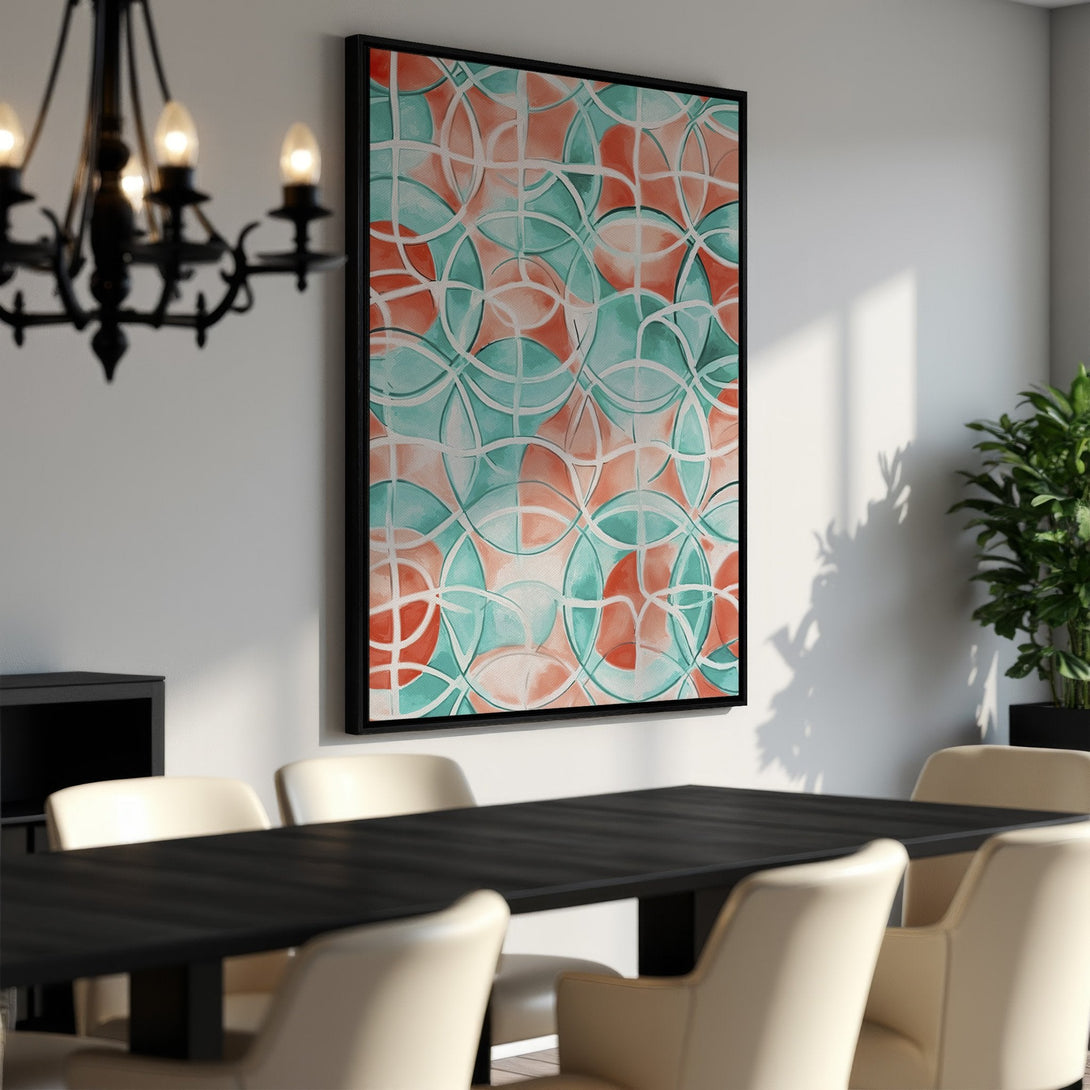 Framed Wall Art: Abstract geometric design in teal, coral, and white. Modern canvas print adds a pop of color to any dining room.