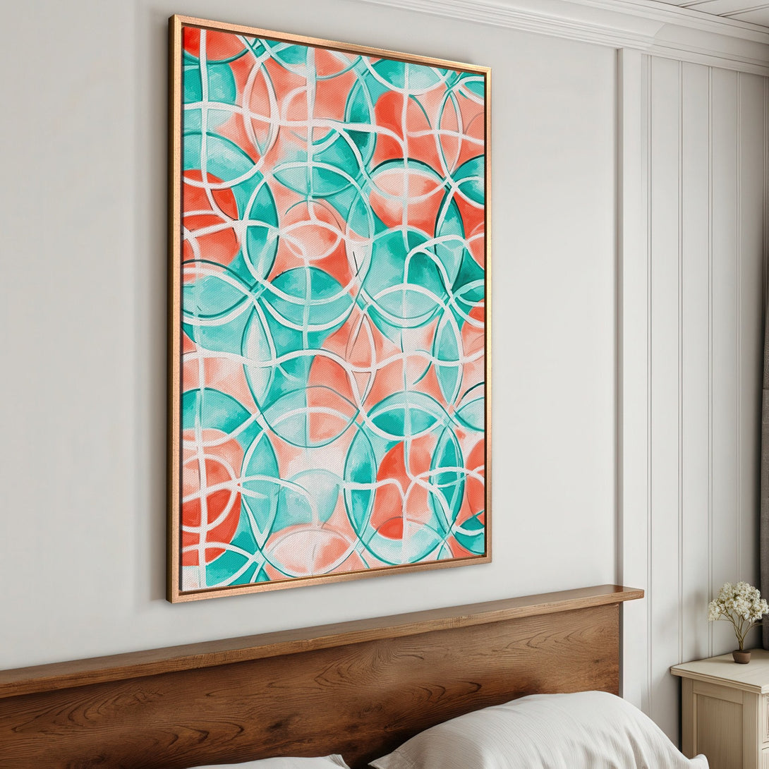 Framed Wall Art: Abstract geometric design in teal and coral. Modern Canvas Print adds a pop of color to any space. Shop now for unique wall decor!