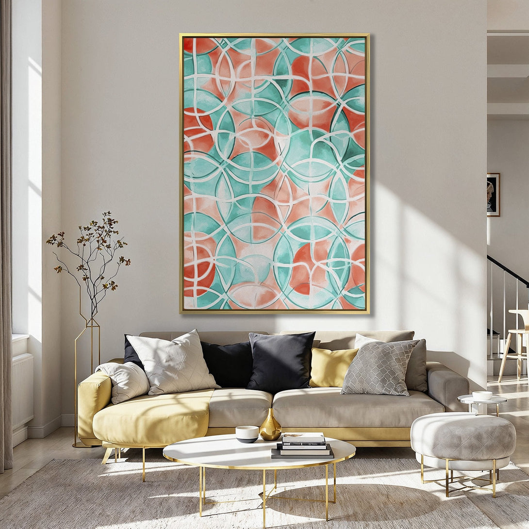 Abstract Canvas Print in teal and coral, displayed in a kitchen. Modern art with a geometric design, perfect for adding color to your home.