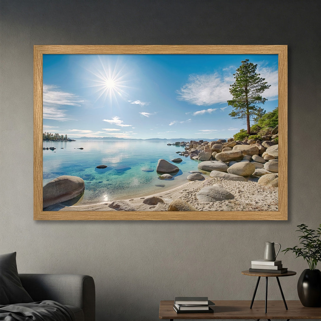 Framed Poster of serene beach scene with blue water, bright sun, and rocks. Coastal style art with a calming blue and neutral color palette.