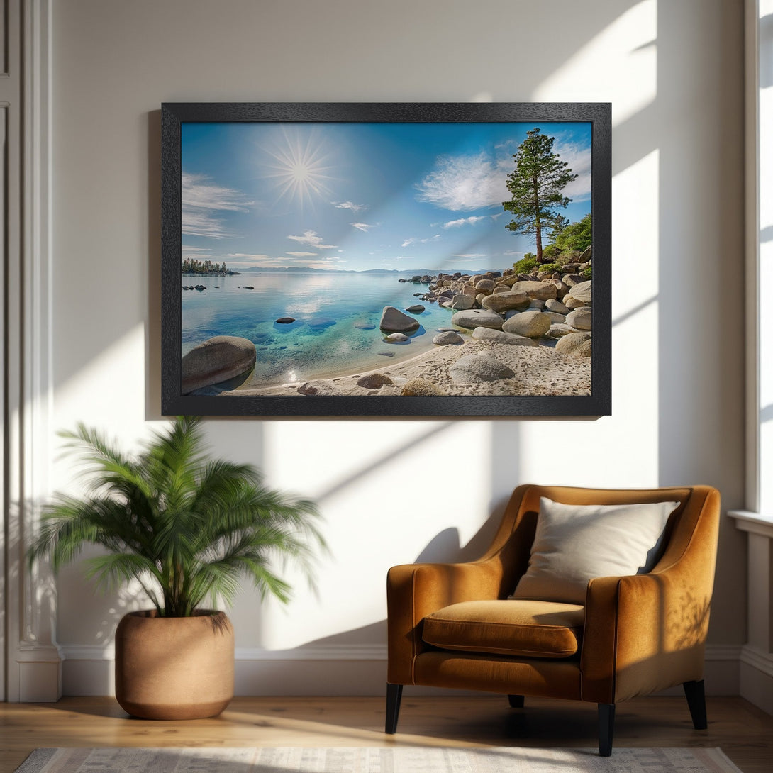 Framed Poster of a serene beach scene with blue water and sky. Coastal style, natural color palette. Perfect wall art.
