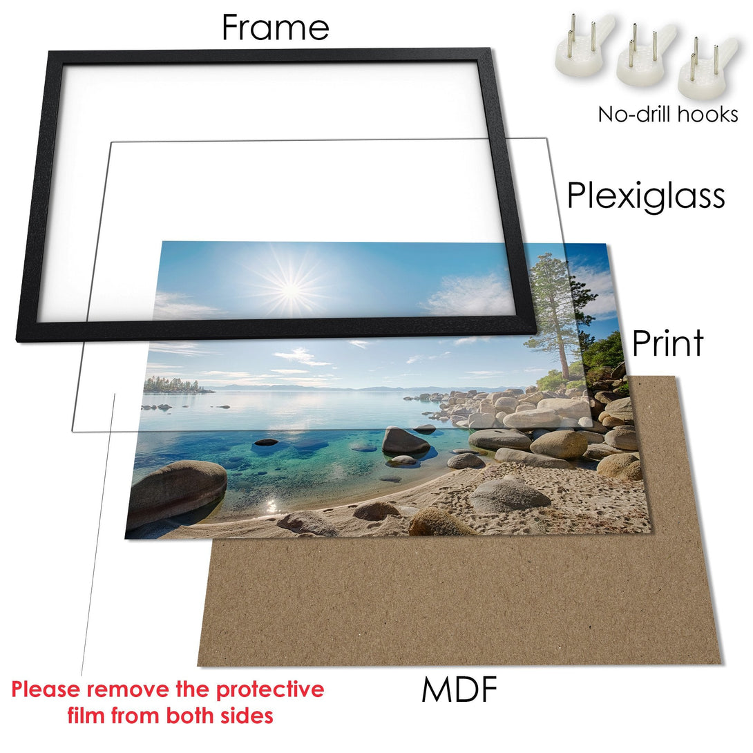 Framed Poster featuring a serene beach scene with blue sky and water. A beautiful landscape print, ready to hang and brighten your space.