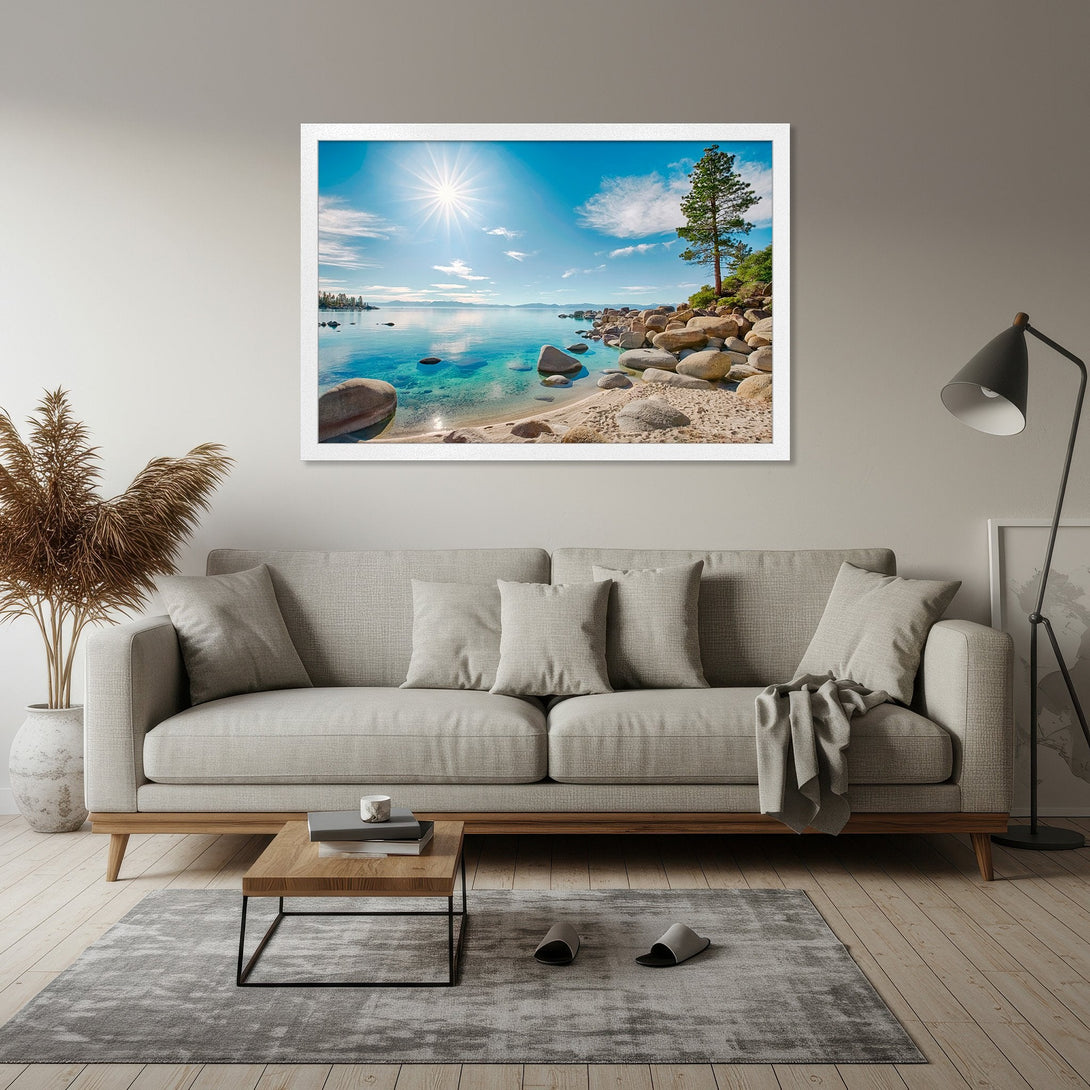 Framed Poster of a serene lake scene with blue and turquoise hues. Coastal landscape art in white frame, perfect for home decor.
