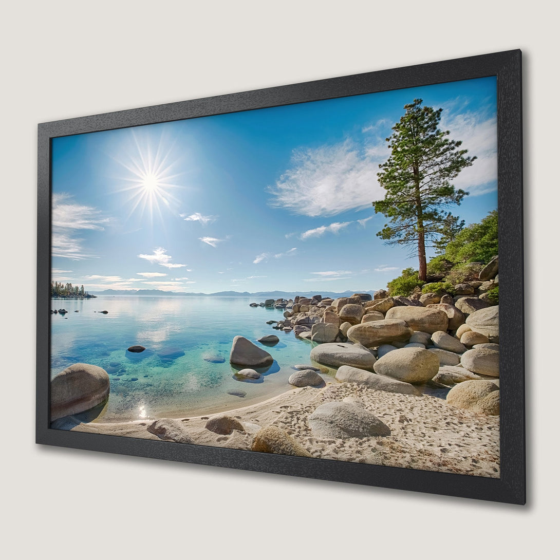 Framed Poster of a serene lake scene, natural style, blue and earth-tone color palette. Bring the outdoors in!