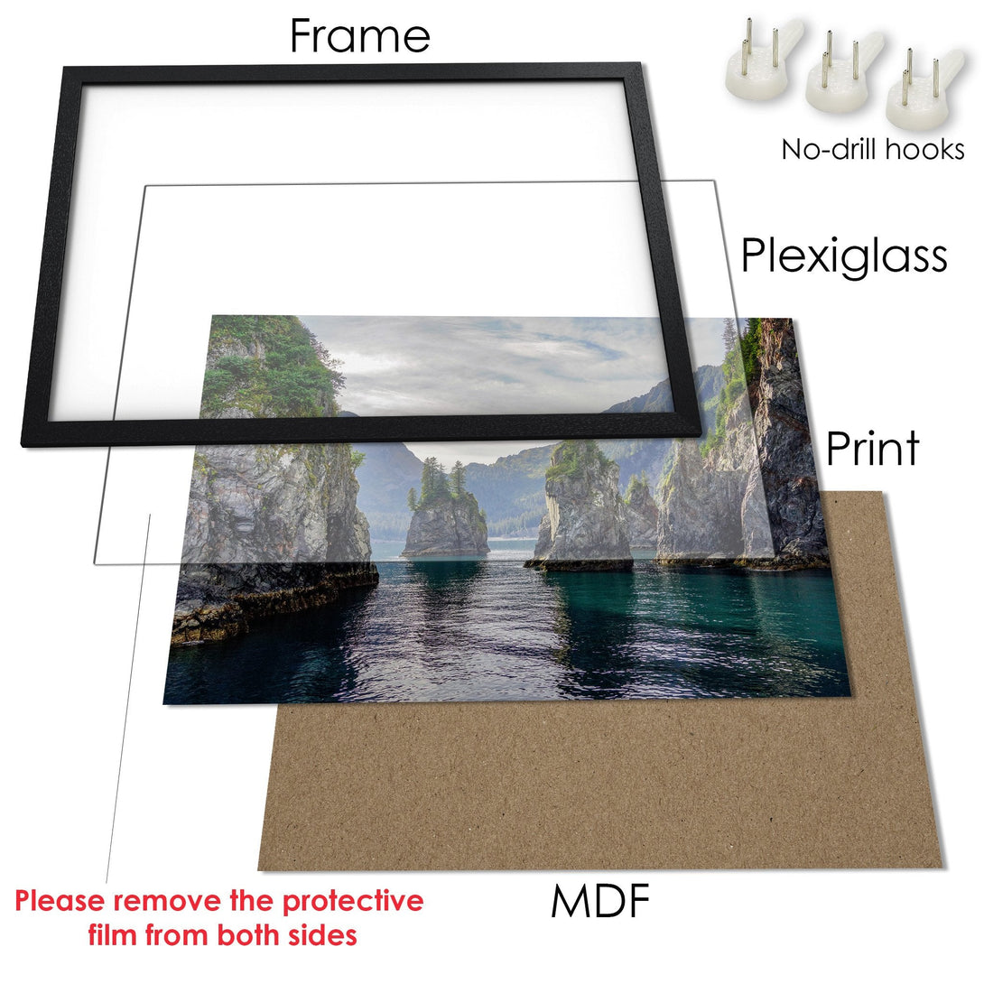 Framed Poster of a serene seascape, featuring teal water & lush green cliffs. Enhance your space with this nature-inspired art!