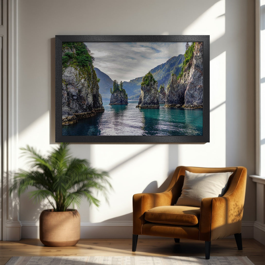 Framed Poster featuring a serene seascape with teal water, rocky cliffs, and a muted color palette. Perfect wall art for your home.