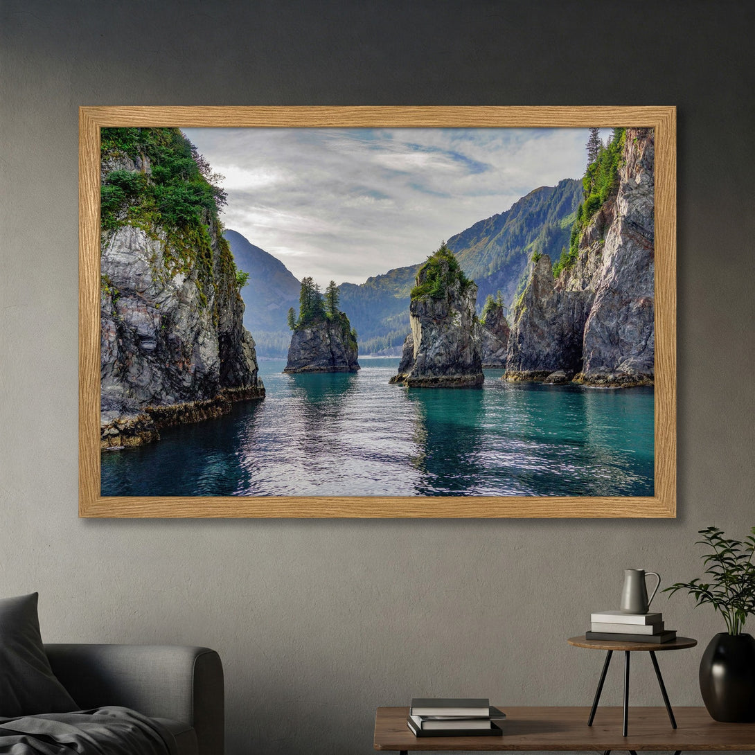Framed Poster of a serene seascape with turquoise water and rocky islands. Natural style, featuring green, blue, and neutral tones. Perfect wall art!