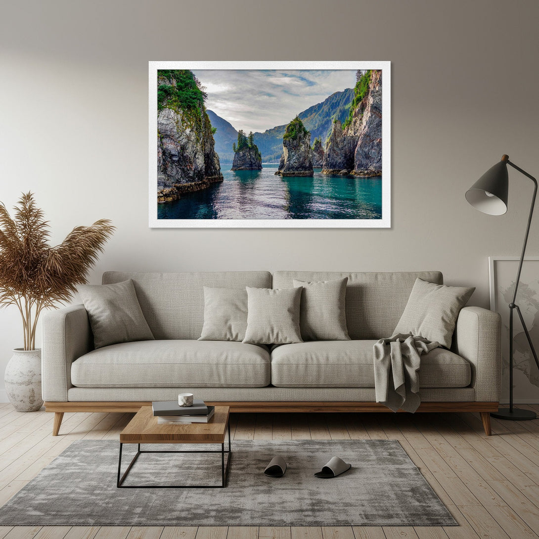 Framed Poster featuring a scenic turquoise water landscape with rocky cliffs. Earthy tones and cool blues create a calming, natural aesthetic.