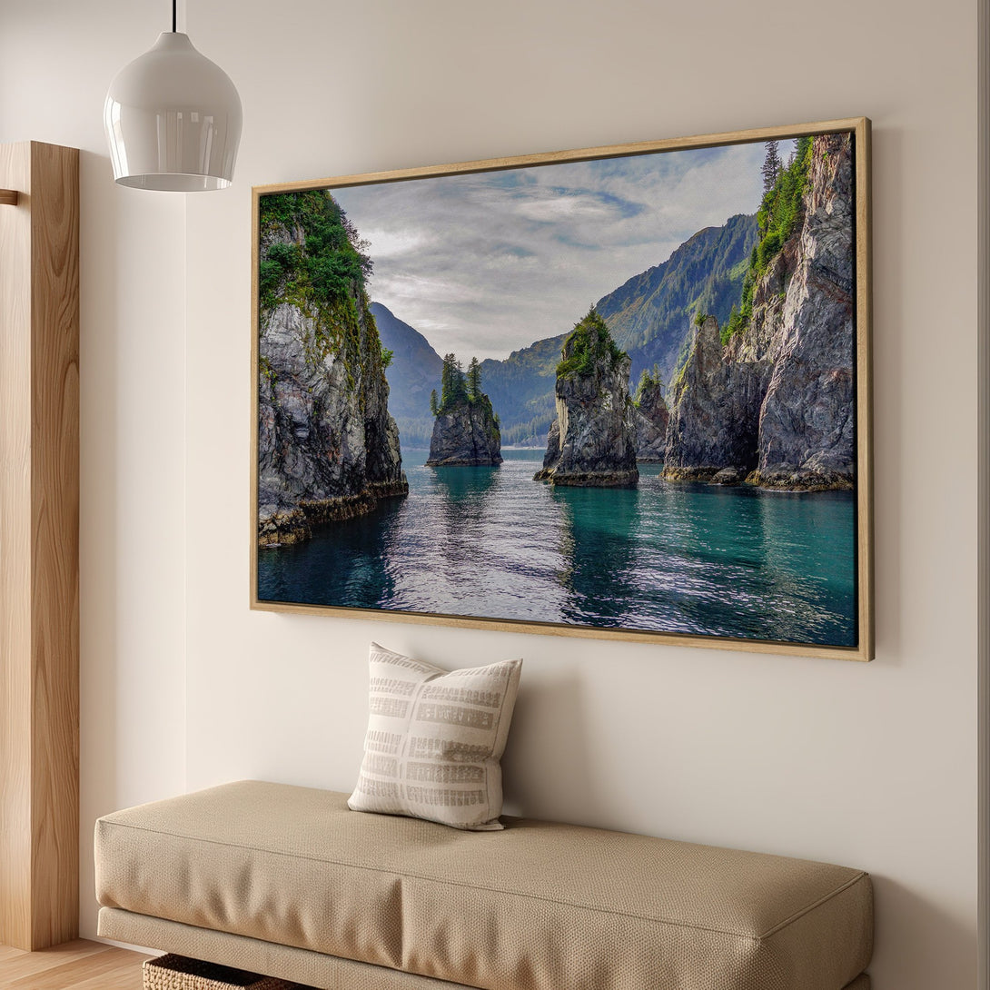 Framed Wall Art: Stunning landscape Canvas Print of coastal mountains and teal water. Bring the beauty of nature into your home with this serene art piece.