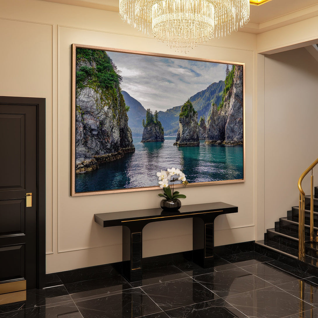 Framed Wall Art: Stunning landscape Canvas Print of a coastal scene with teal water and lush green cliffs. Adds elegance to any interior.