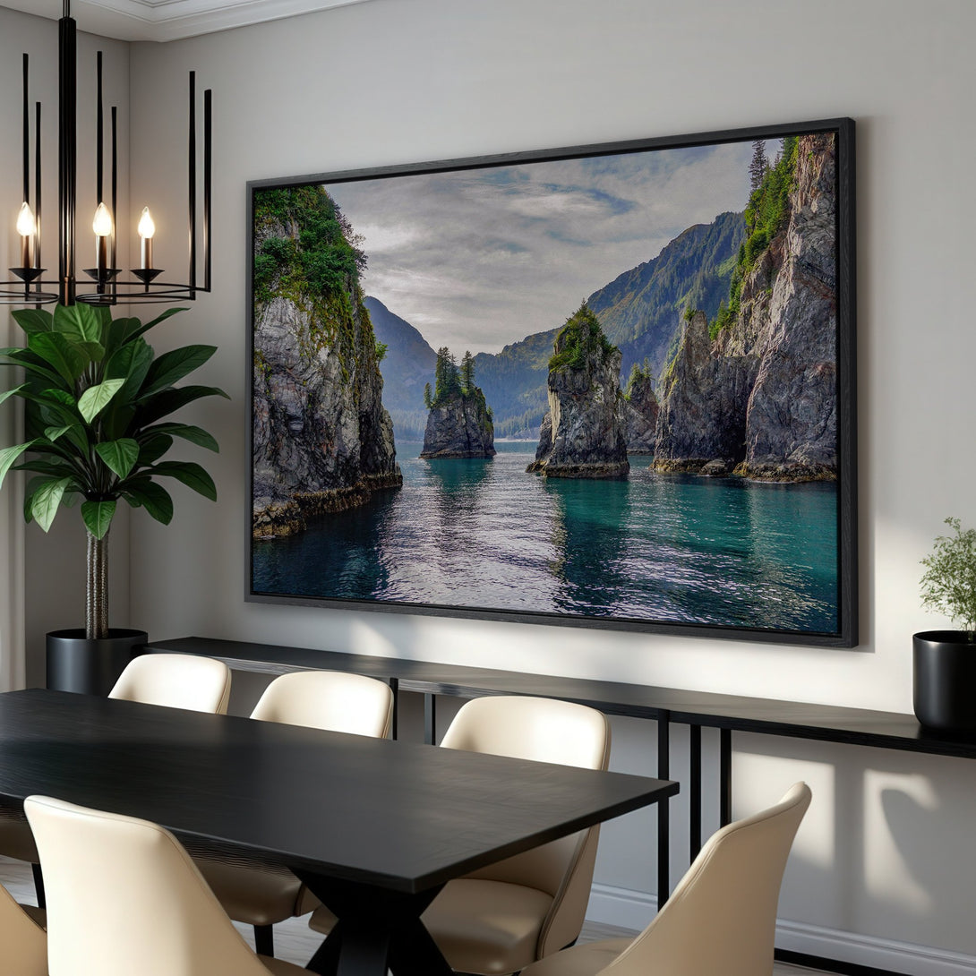Framed Wall Art: Stunning landscape Canvas Print featuring a serene coastal scene with teal waters and rocky islands. Perfect for adding a touch of nature to any space.