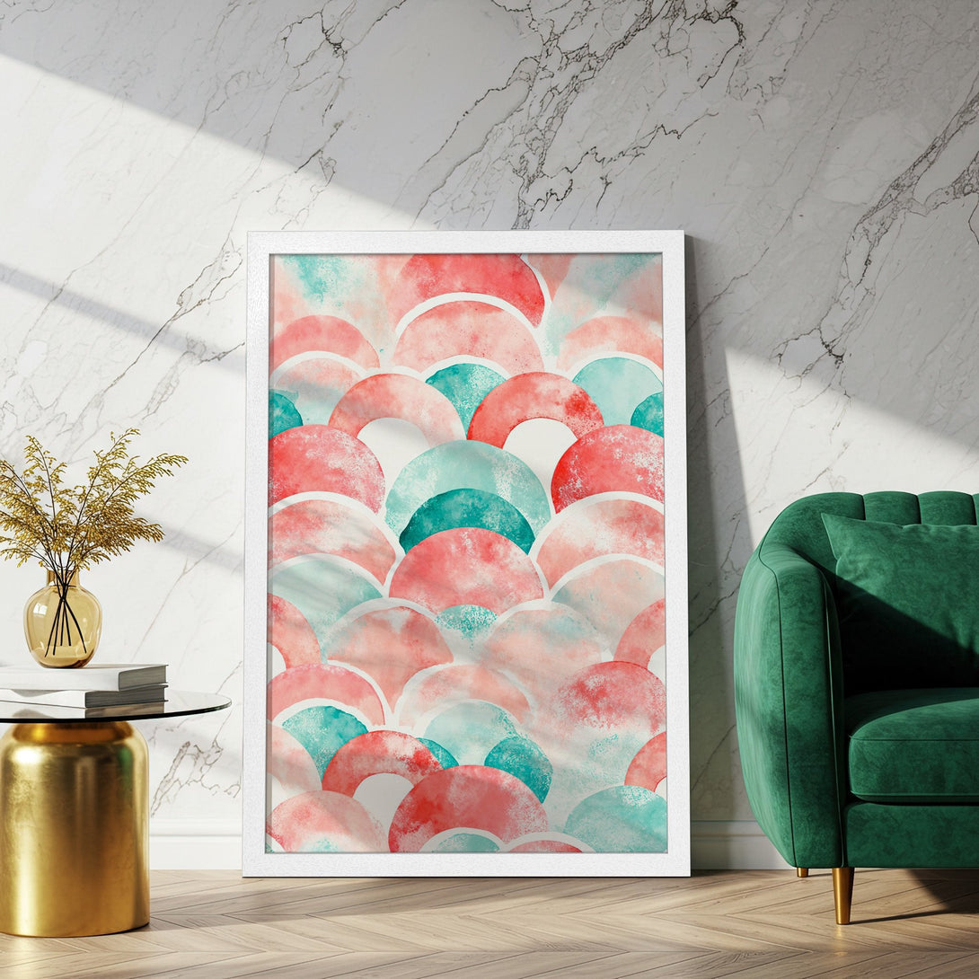 Framed Poster featuring an abstract watercolor design in coral, teal, and white. Perfect wall art for a modern home.