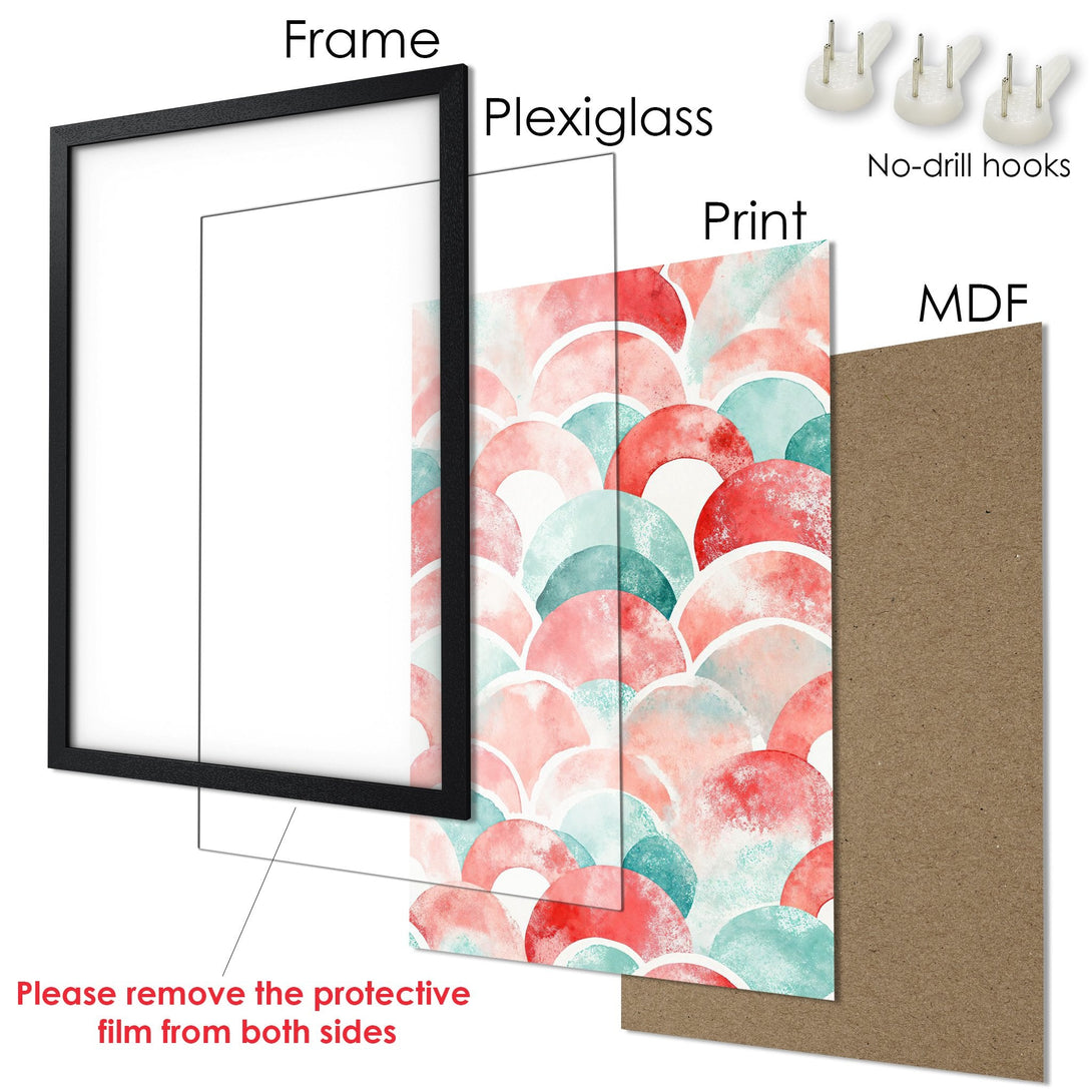 Framed Poster featuring a watercolor abstract design in red, pink, and teal. Modern art for your home decor.