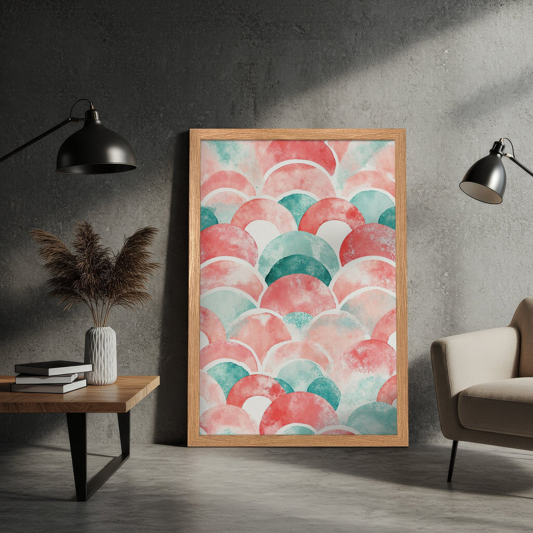 Framed Poster featuring an abstract watercolor design in a pink and teal color palette. Modern art for your home decor.