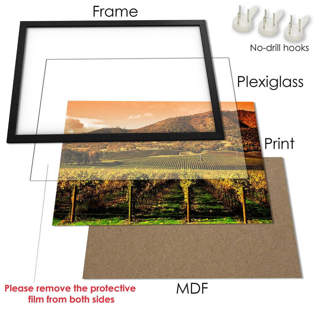 Framed Poster of a vineyard landscape in warm tones. Perfect wall art for your home!