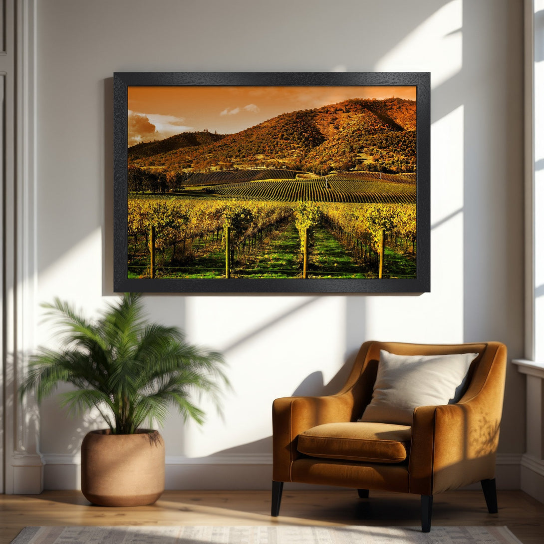Framed Poster of a vineyard landscape. Warm, inviting colors. Perfect for home decor.