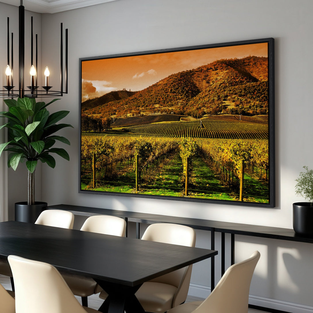 Framed Wall Art: Stunning vineyard landscape in warm autumn tones. Elevate your space with this beautiful canvas print, perfect for adding a touch of nature to your home decor.