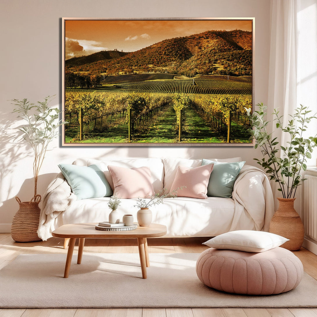 Framed Wall Art: Vineyard landscape in warm yellow & orange tones. Perfect for living room decor. Bring the beauty of nature indoors with this canvas print.