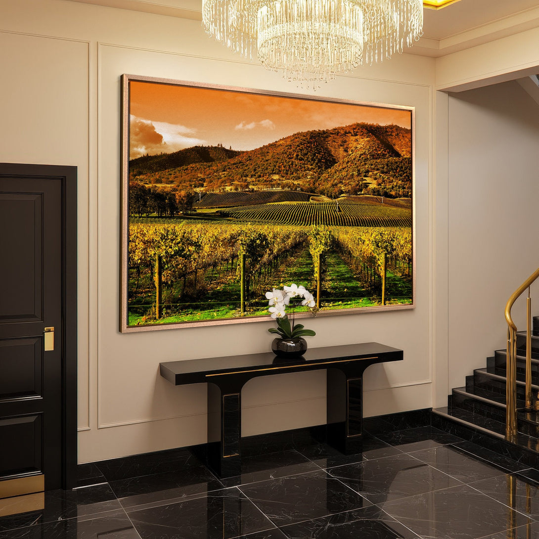 Framed Wall Art featuring a vineyard landscape in warm, autumnal tones. Perfect for adding a touch of elegance to any space.