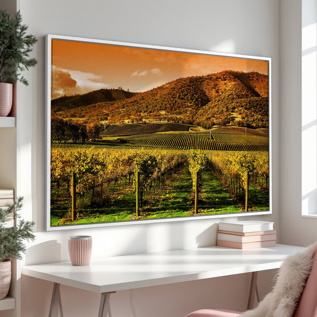 Framed Wall Art: Vineyard landscape in warm orange and green tones. Bring the beauty of nature into your home with this stunning canvas print.
