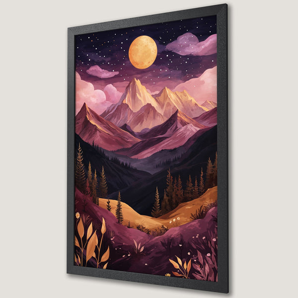 Framed Poster featuring a mountain landscape illustration in a warm, purple and orange color palette. Perfect wall art!